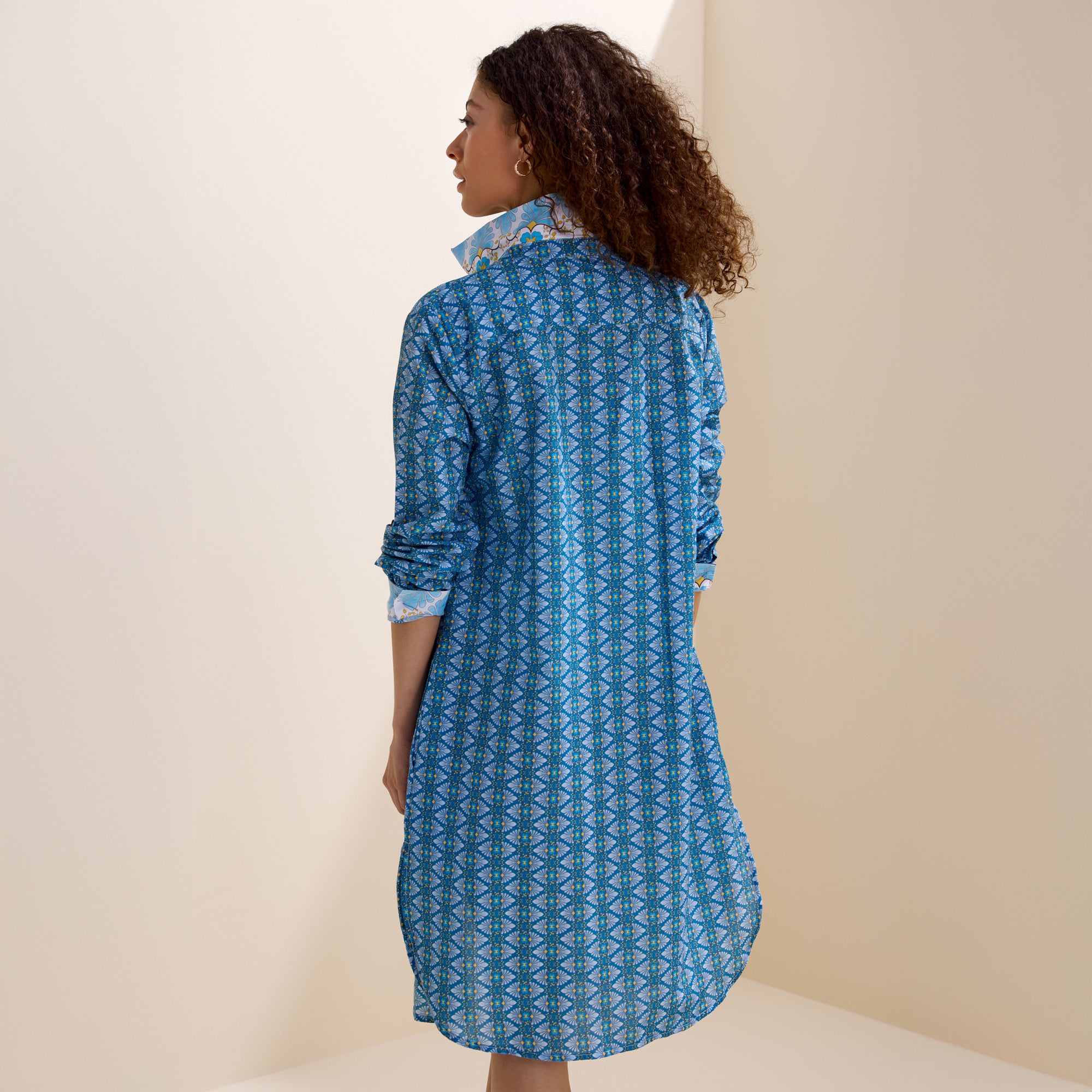 Tangier Mavi Mini Desen Kısa Gömlek Elbise